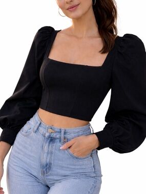 Naked Wardrobe The Statement Black Puff Sleeve Crop Top Size L NWT
